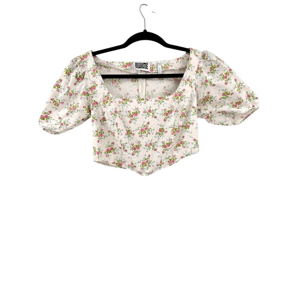 RECLAIMED VINTAGE Women's White Floral Short Sleeve Crop Blouse US 2